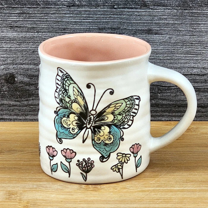 Butterfly Coffee Mug Floral Monarch Embossed Pink Ceramic Tea Cup Blue Sky 17oz