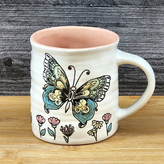 Butterfly Coffee Mug Floral Monarch Embossed Pink Ceramic Tea Cup Blue Sky 17oz