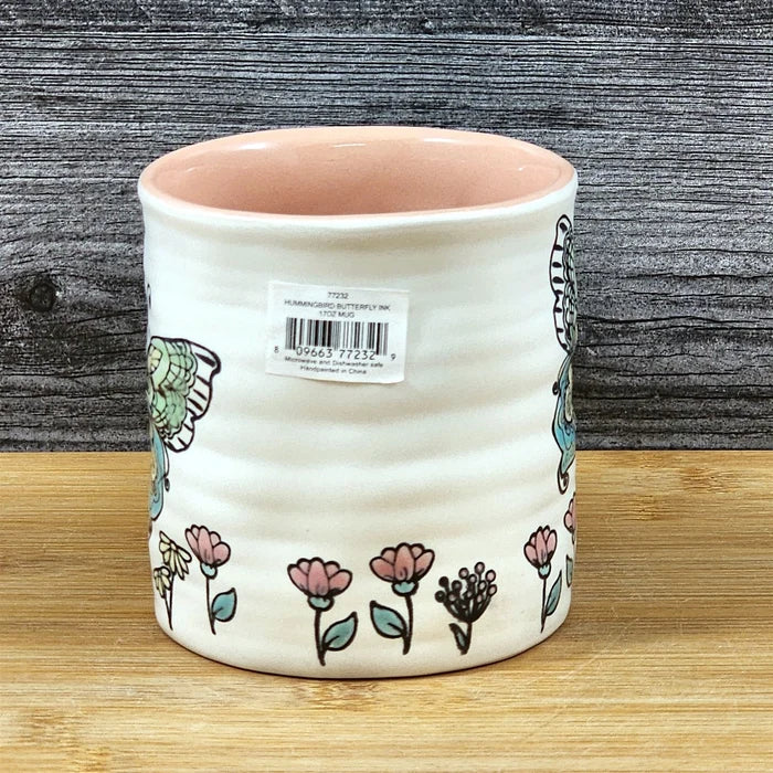 Butterfly Coffee Mug Floral Monarch Embossed Pink Ceramic Tea Cup Blue Sky 17oz