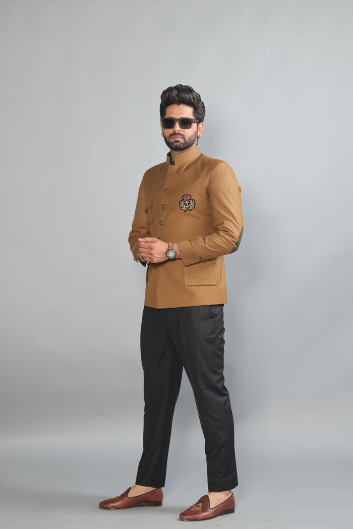 Camel Brown Jodhpuri Bandhgala With Zardozi Embroidered Patch | Black Trouser |