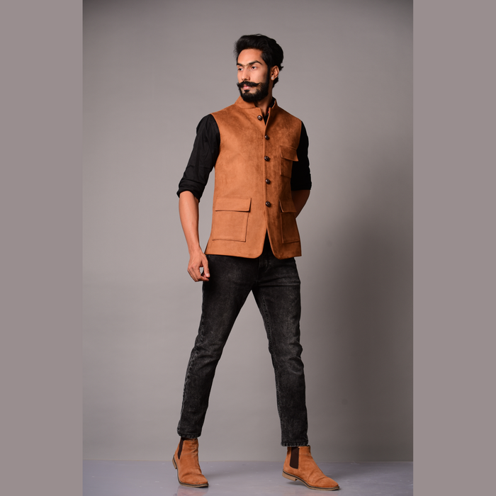 Camel Three Pocket Suede Leather Jacket