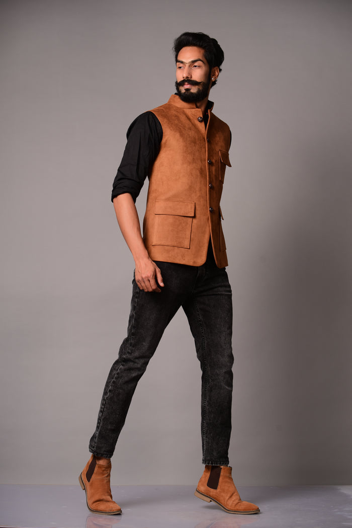 Camel Three Pocket Suede Leather Jacket
