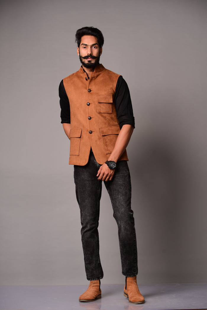 Camel Three Pocket Suede Leather Jacket