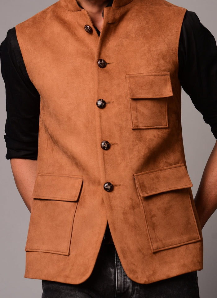 Camel Three Pocket Suede Leather Jacket