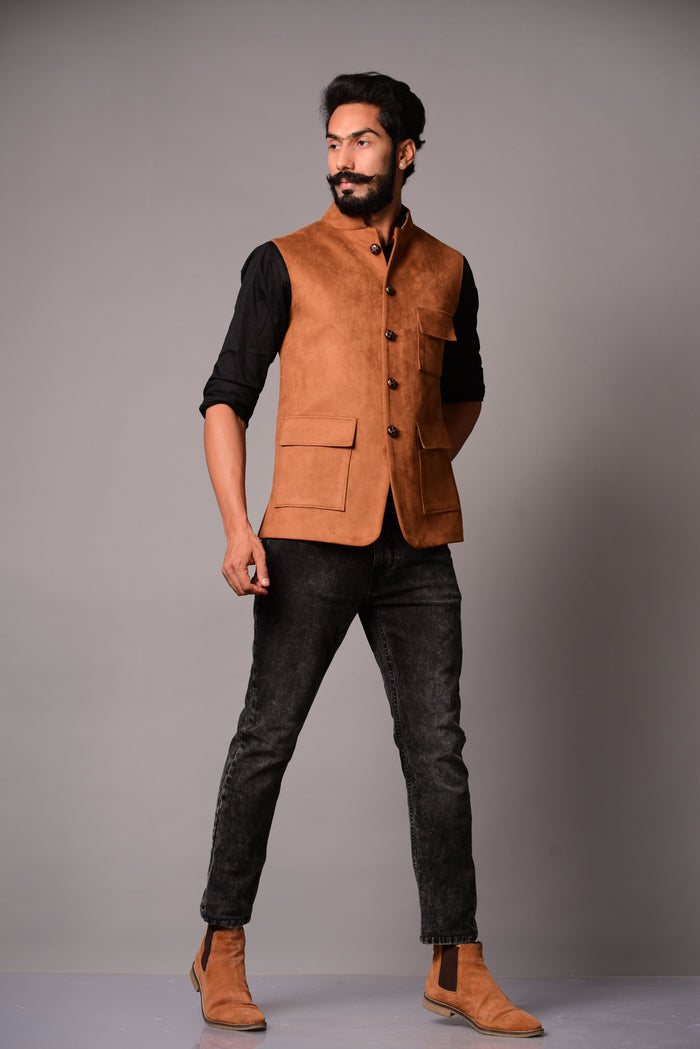 Camel Three Pocket Suede Leather Jacket
