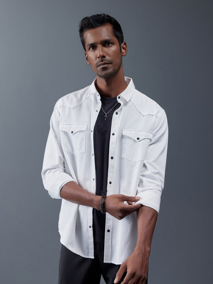 Caravan - Rana's White Cotton Twill Contrast Button Shirt