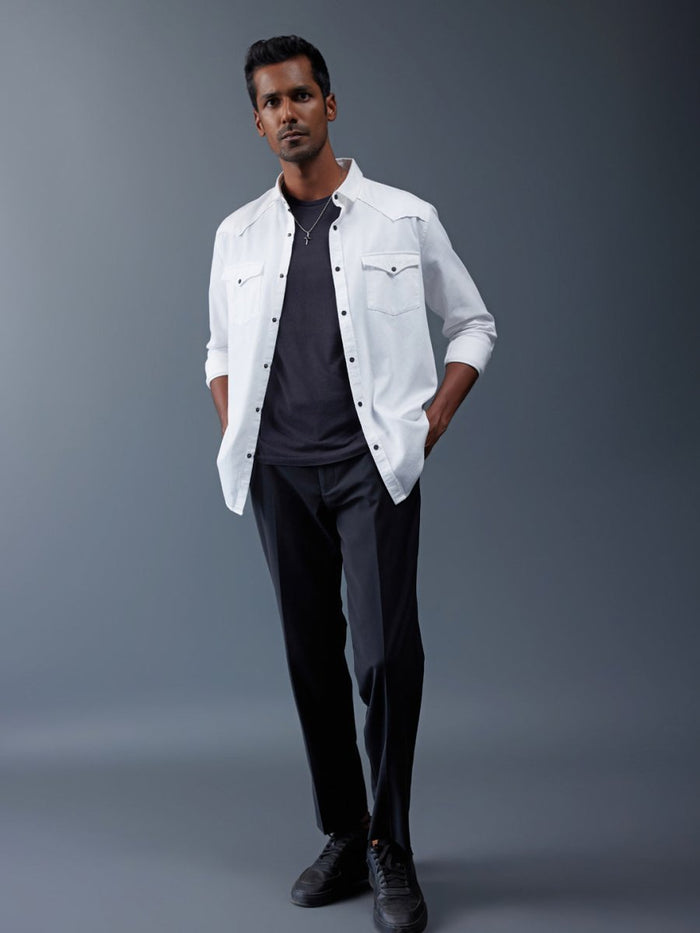 Caravan - Rana's White Cotton Twill Contrast Button Shirt with Double Pocket