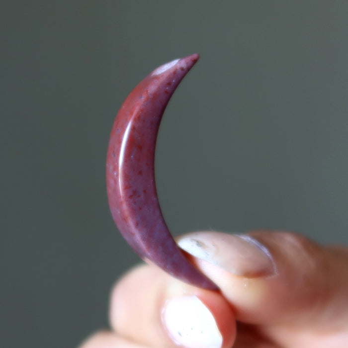 Hand holding a purple curved object against a gray background