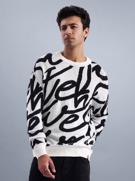Cascade White Jacquard Knit Oversized Sweater