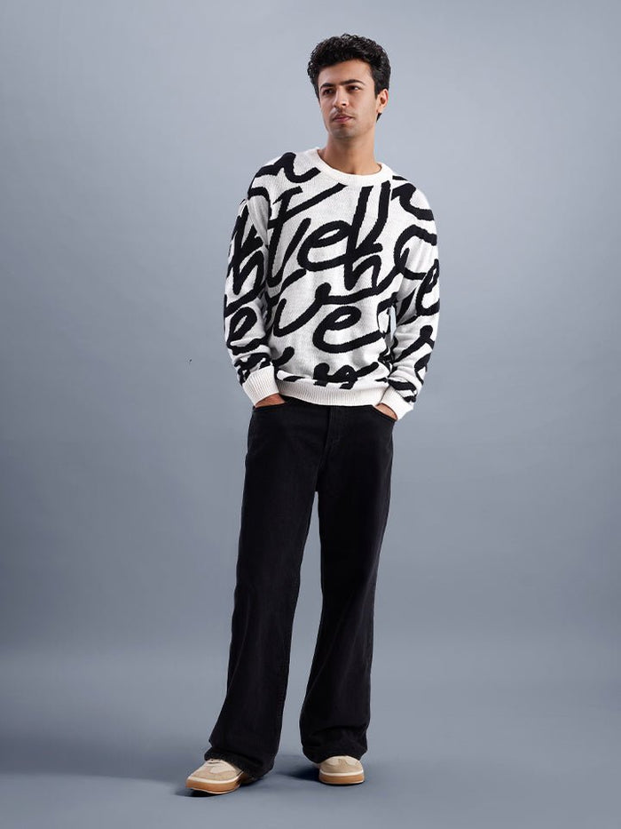 Cascade White Jacquard Knit Oversized Sweater