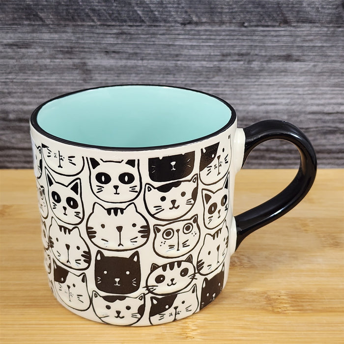 Cat Face Ceramic Coffee Mug 18oz Black Tea Cup Embossed by Blue Sky