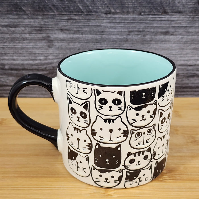 Cat Face Ceramic Coffee Mug 18oz Black Tea Cup Embossed by Blue Sky