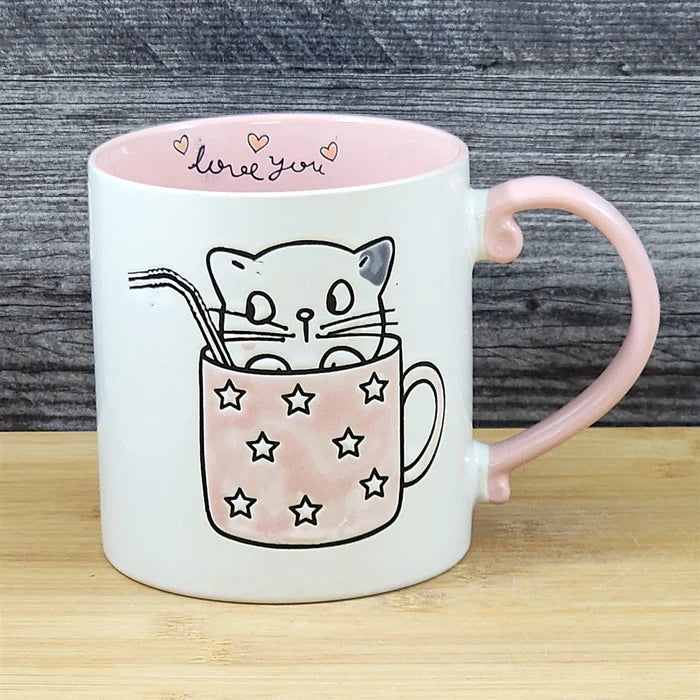 Cat Lover Coffee Mug Embossed Ceramic Tea Cup Large 21oz by Blue Sky Pink Inside