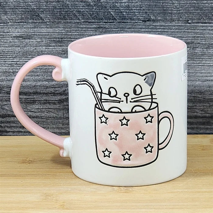 Cat Lover Coffee Mug Embossed Ceramic Tea Cup Large 21oz by Blue Sky Pink Inside