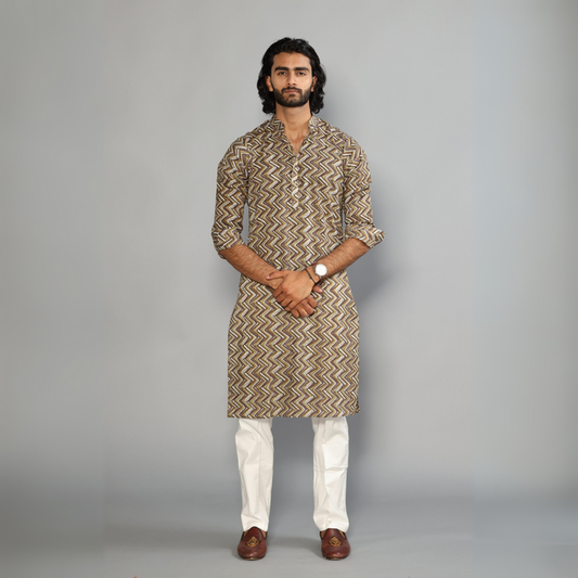 Cedar Brown Zigzag Printed Sanganeri Kurta Pyjama Set
