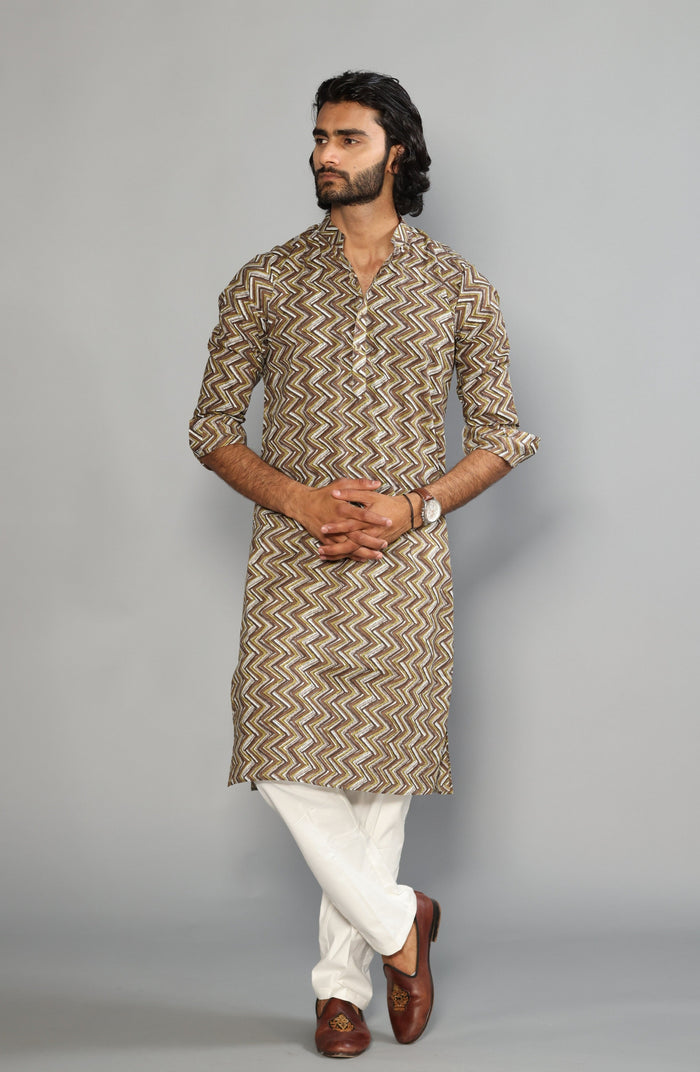 Cedar Brown Zigzag Printed Sanganeri Kurta Pyjama Set