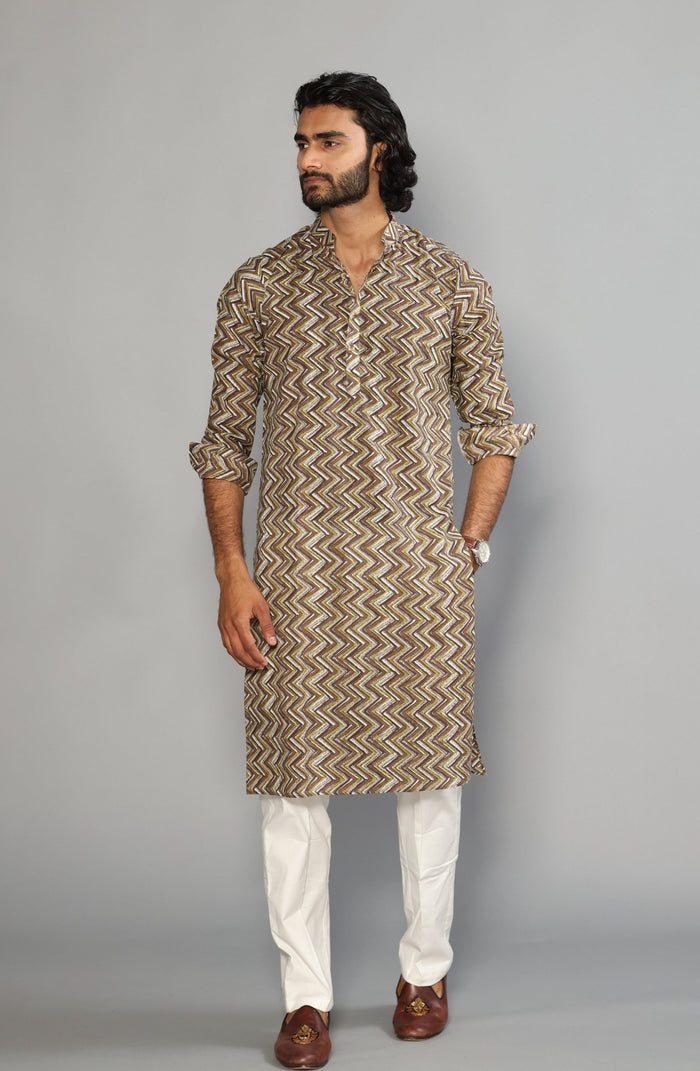 Cedar Brown Zigzag Printed Sanganeri Kurta Pyjama Set