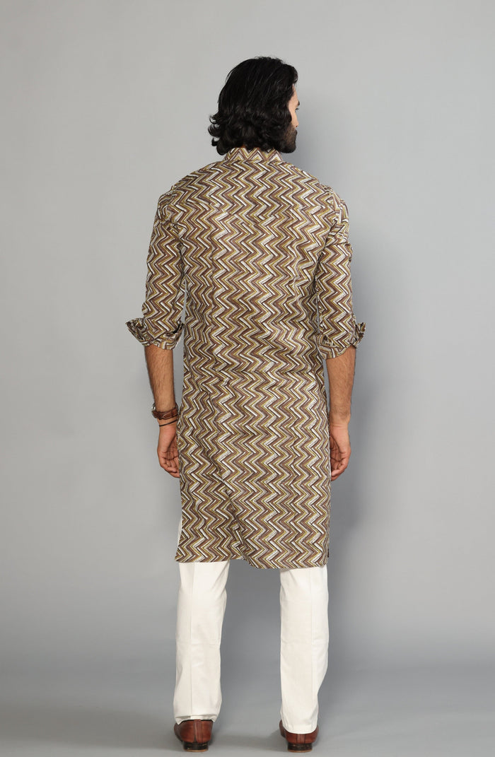 Cedar Brown Zigzag Printed Sanganeri Kurta Pyjama Set