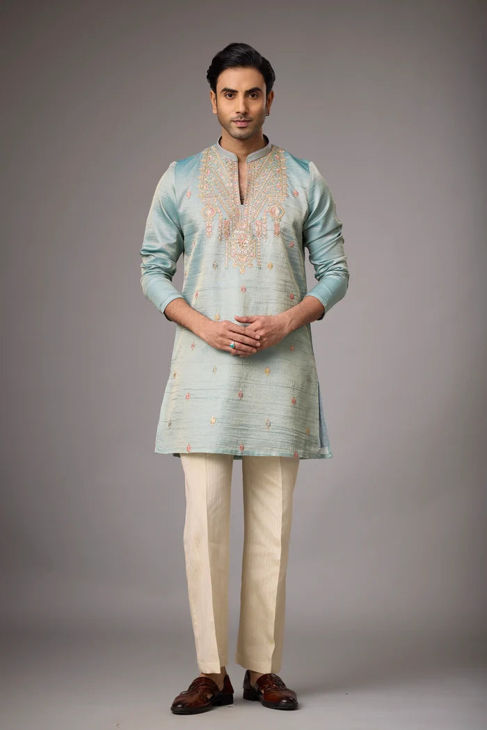 Kurta Pajama for Men – Celadon Blue Heritage Embroidered Ethnic Wear | Mahavir NX