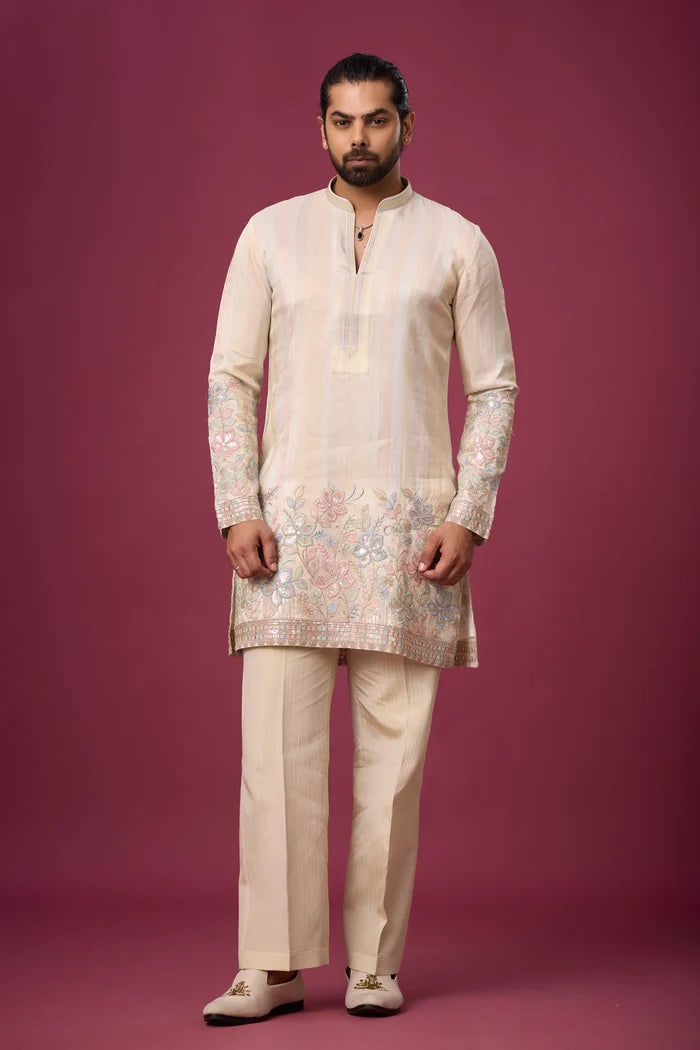 Champagne Beige Floral Border Kurta Set for Men | Mahavir NX