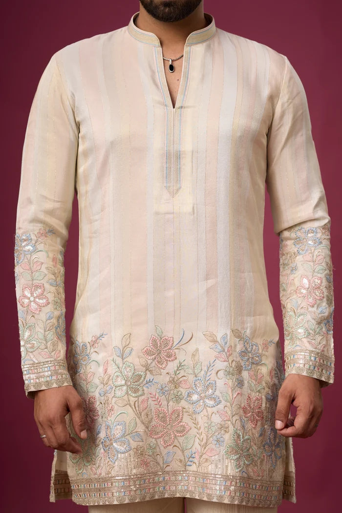 Designer Beige Woven Ethnic Kurta Set – Side View | Mahavir NX