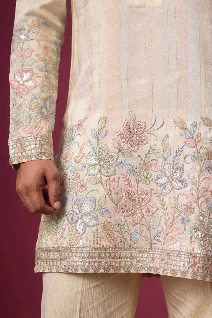 Champagne Beige Floral Border Kurta Set for Men – Full Length View | Mahavir NX