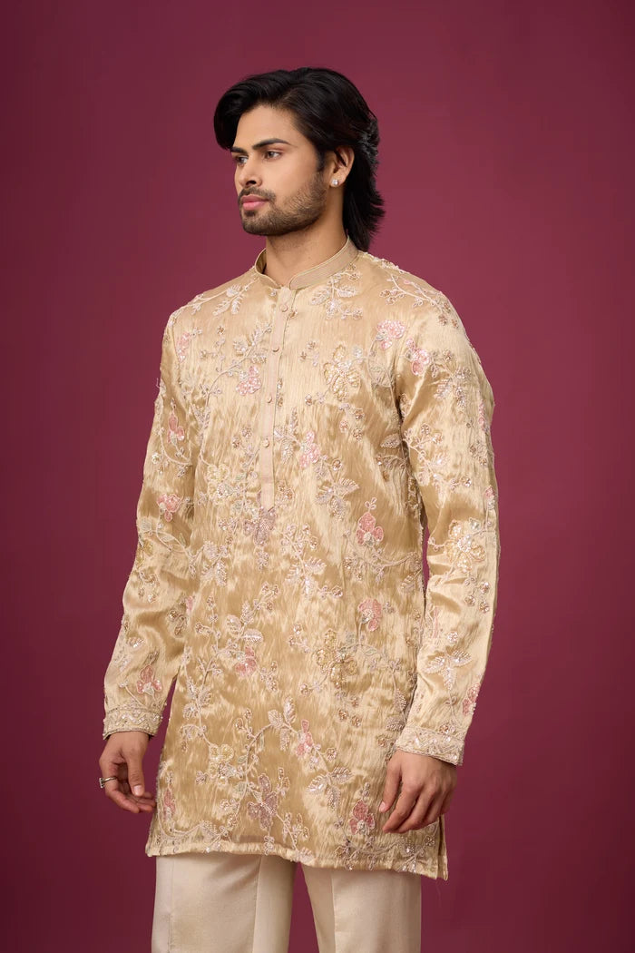 All-Over Floral Champagne Beige Kurta – Wedding & Festive Wear | Mahavir NX