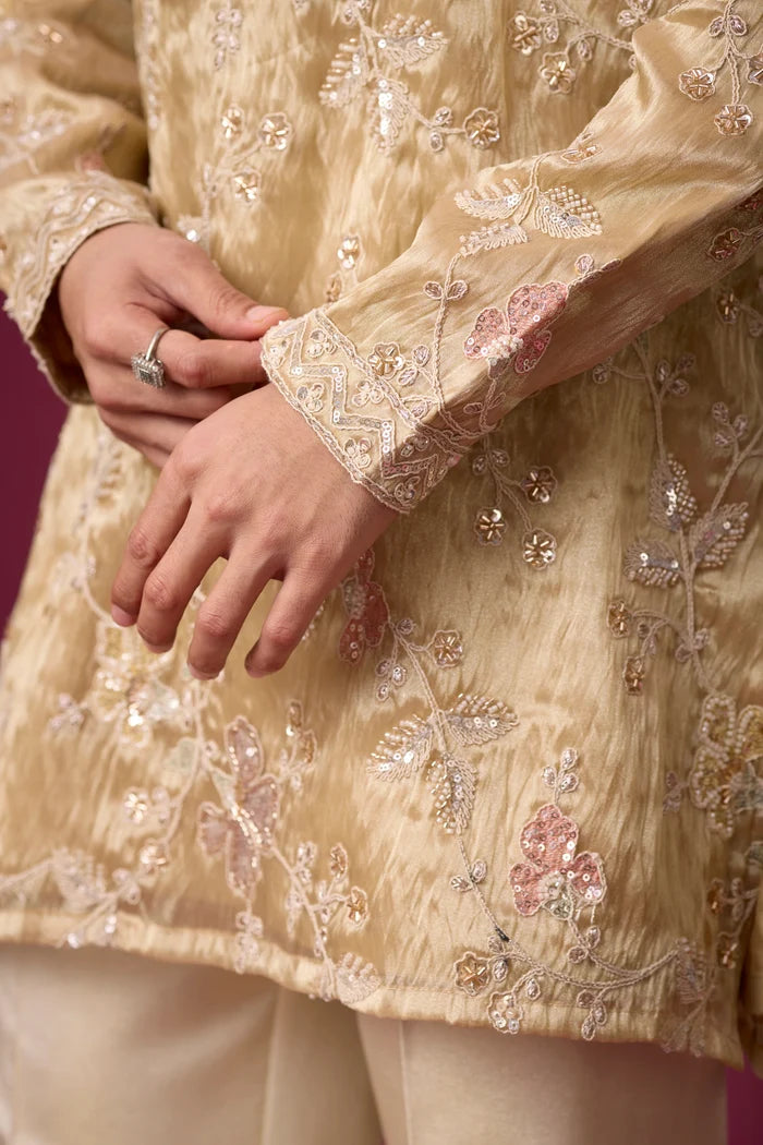 Champagne Beige Floral Elegance Kurta Set for Men – Full Length View | Mahavir NX