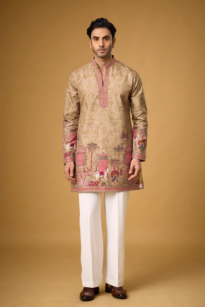 Festive Kurta for Men – Heritage Scenic Border Embroidery | Mahavir NX