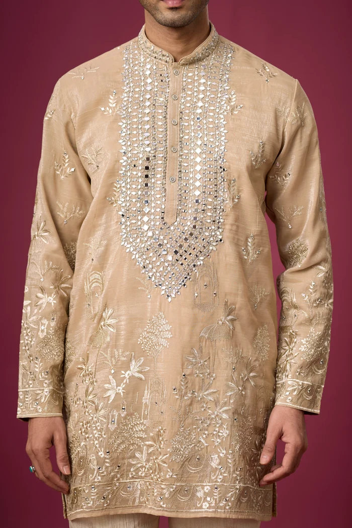 Dense Neckline Mirrorwork Embroidered Ethnic Kurta – Side View | Mahavir NX