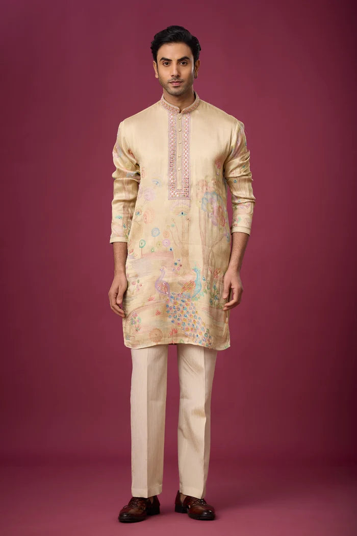 Champagne Beige Peacock Heritage Kurta Set for Men | Mahavir NX