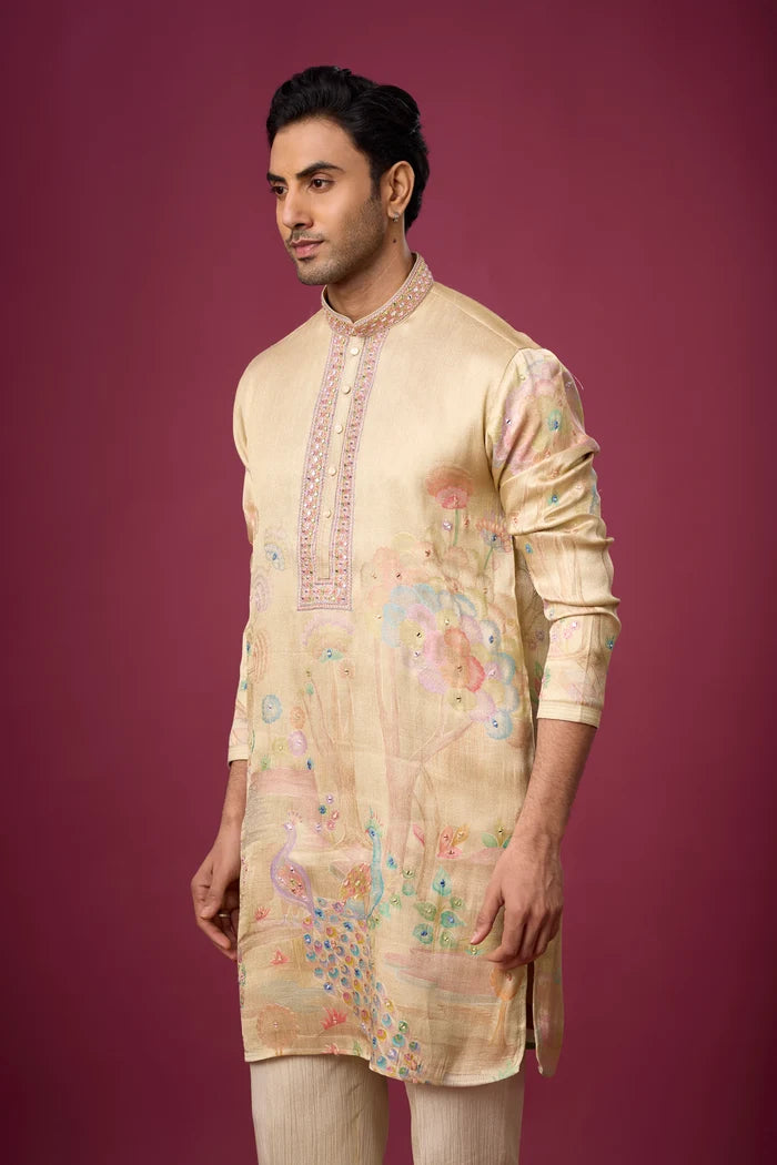 Peacock Motif Champagne Beige Kurta – Indian Wedding Wear | Mahavir NX