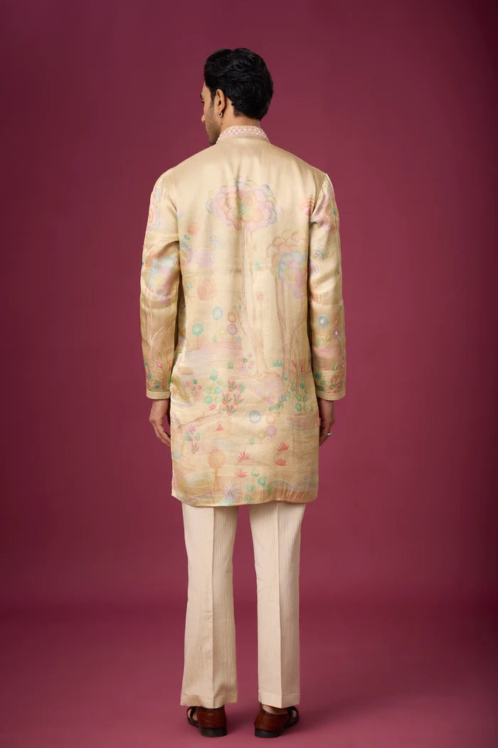 Champagne Beige Peacock Kurta Pajama Set – Front View | Mahavir NX