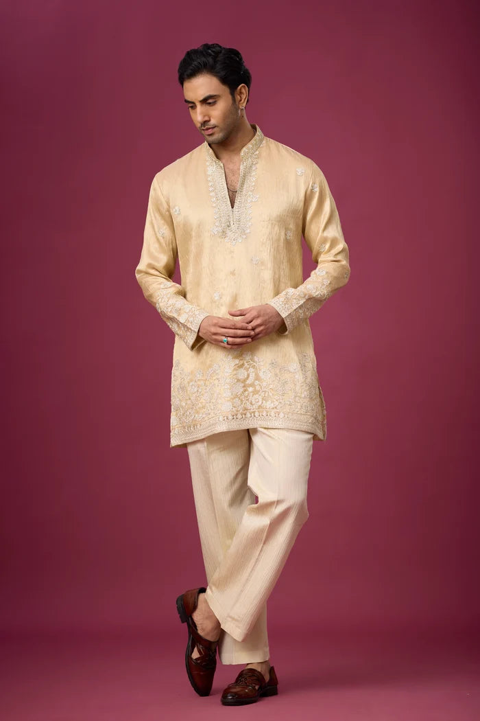 Plus Size Kurta Set for Men – Champagne Gold Floral Border Ethnic Wear | Mahavir NX