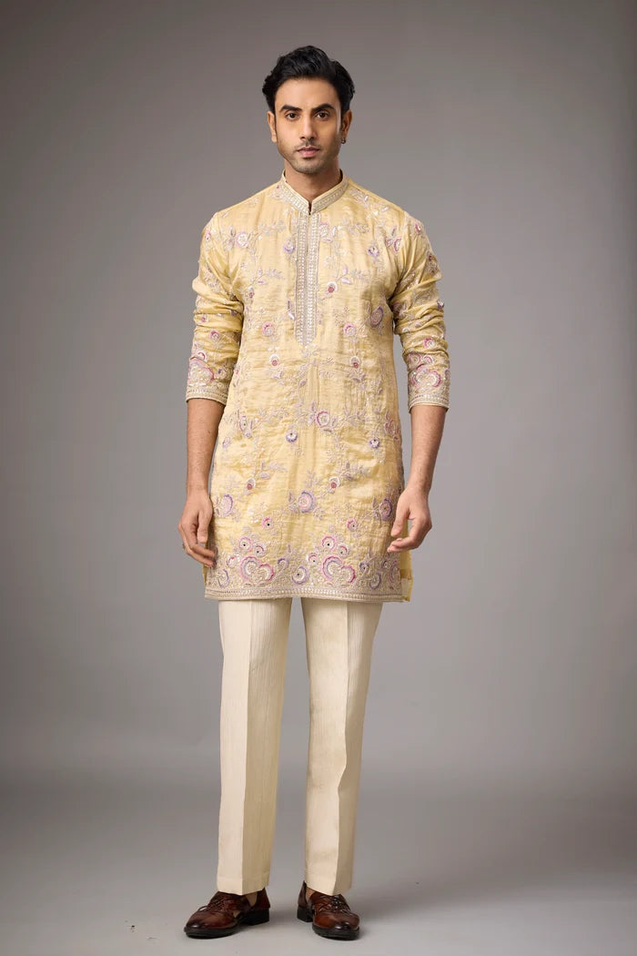 Champagne Gold Floral Embroidered Kurta Set for Men | Mahavir NX