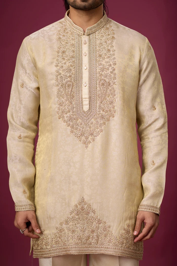 Champagne Gold Heritage Kurta Pajama Set – Front View | Mahavir NX