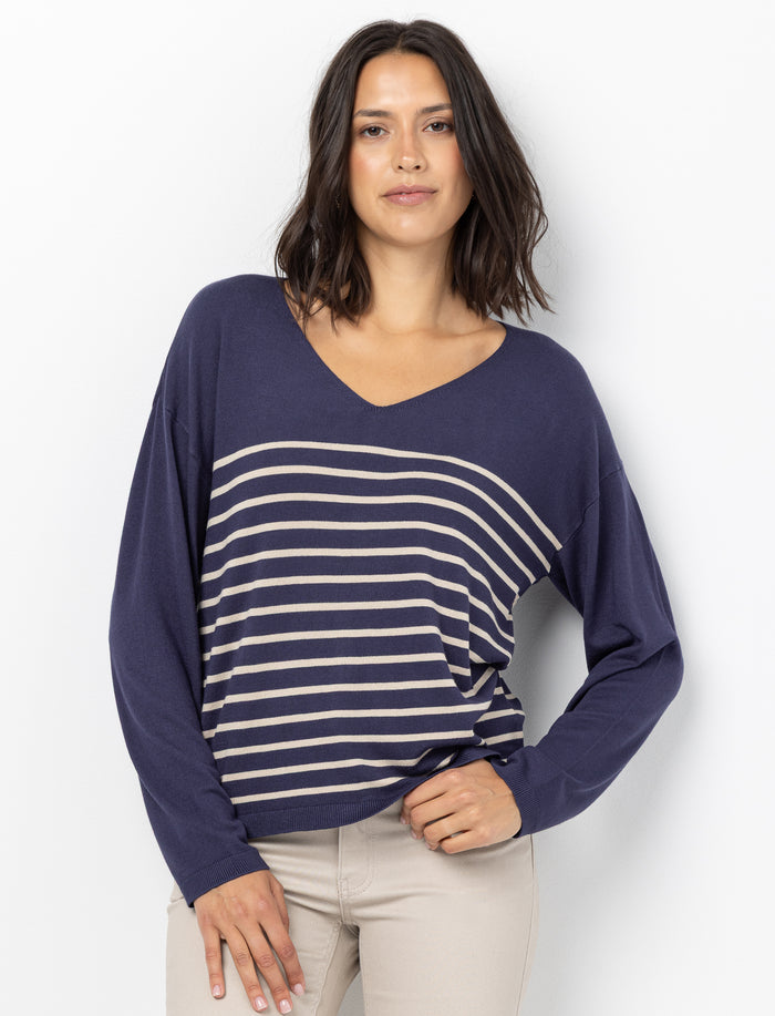 Chandail en tricot rayé à col en V pour femme