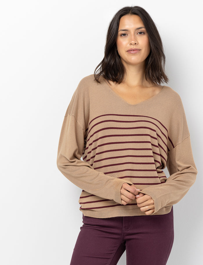 Chandail en tricot rayé à col en V pour femme