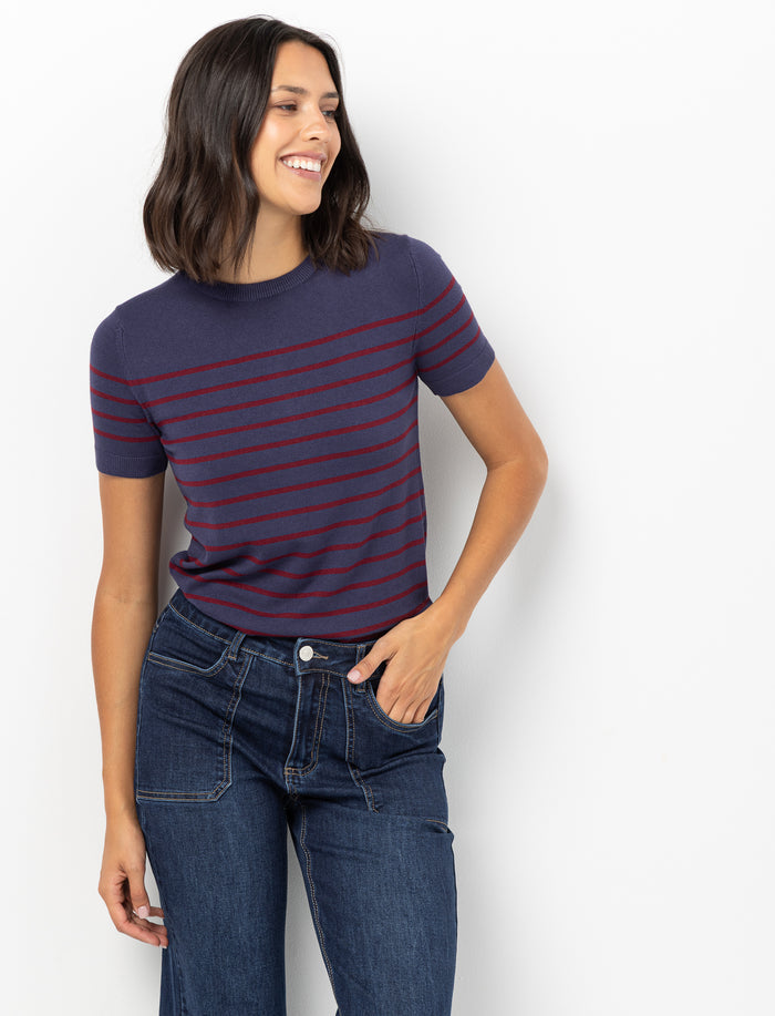 Chandail en tricot rayé à manches courtes pour femme