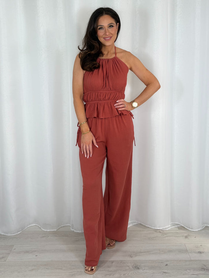 Cheesecloth Halter Neck Tie Ruffle Top & Trouser Co-Ord (8 Colours)
