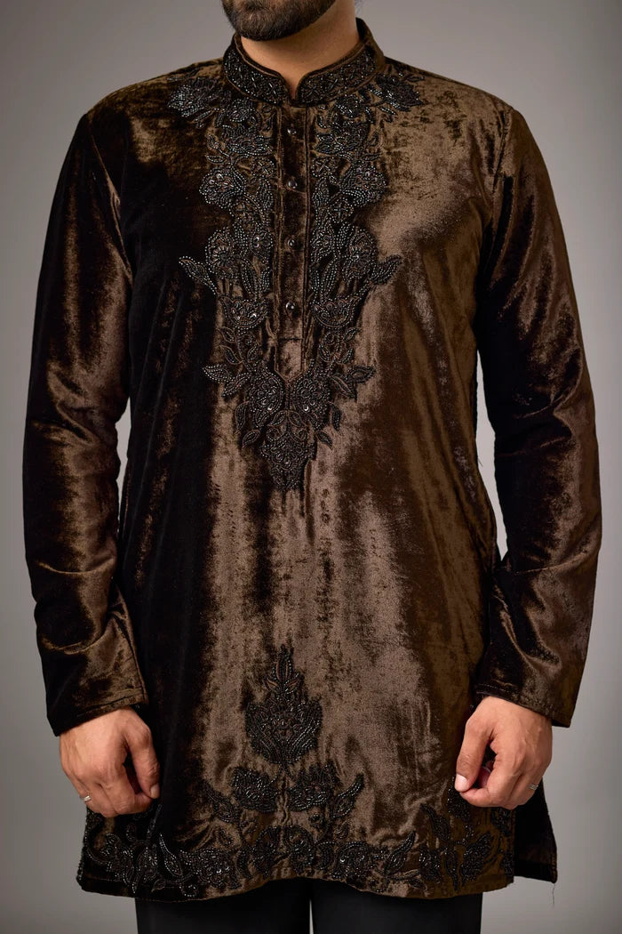Chocolate Brown Velvet Kurta Pajama Set for Men – Front View | Mahavir NX