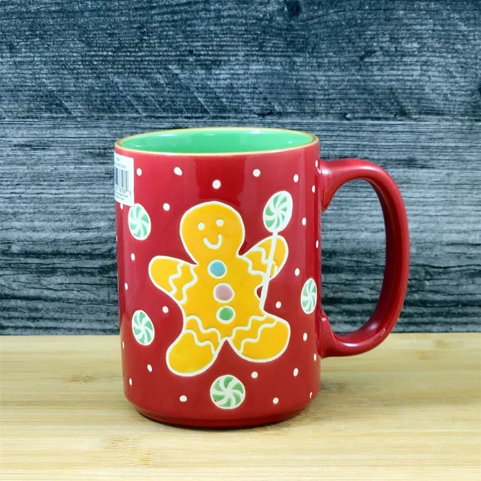 Christmas Coffee Mug Gingerbread Blue Sky Ceramic Holiday Cup Red Green 18oz