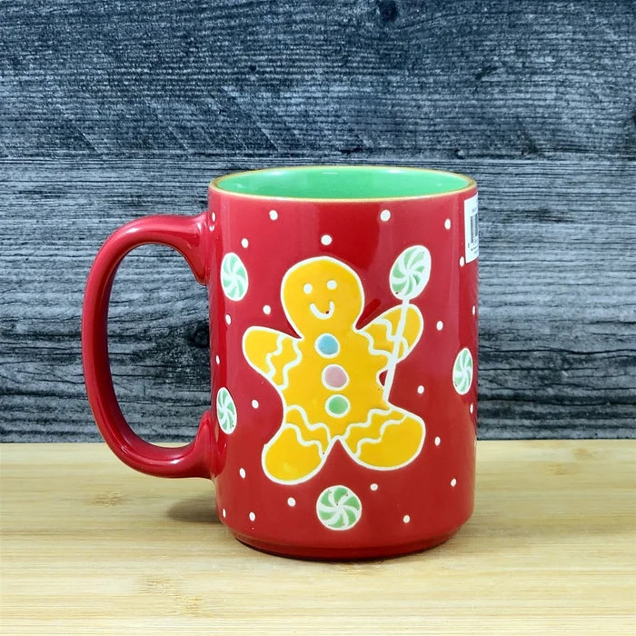 Christmas Coffee Mug Gingerbread Blue Sky Ceramic Holiday Cup Red Green 18oz
