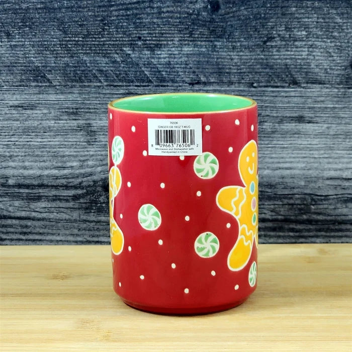 Christmas Coffee Mug Gingerbread Blue Sky Ceramic Holiday Cup Red Green 18oz