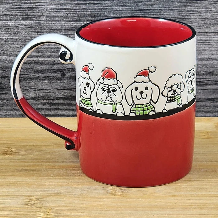 Christmas Dogs in Santa Hats Ceramic Mug Blue Sky Ceramic Embossed Tea Cup 16oz