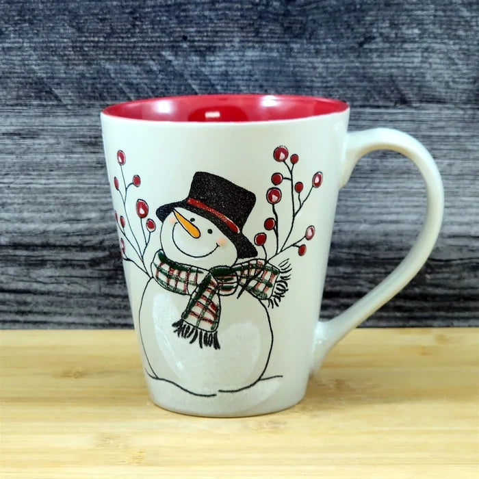 Christmas Snowman Holiday Coffee Mug Red Berry Ceramic Embossed Tea Cup Blue Sky