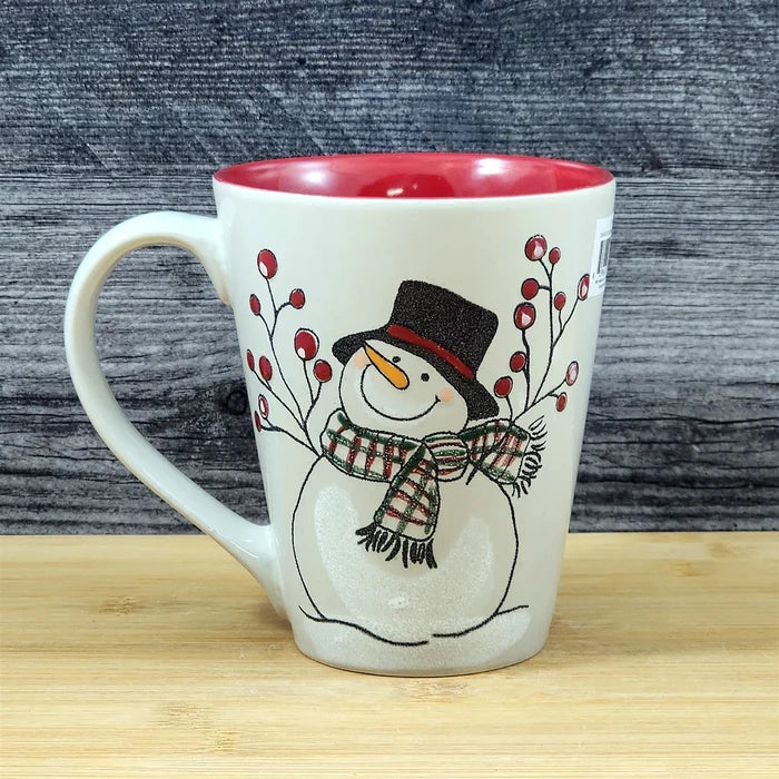 Christmas Snowman Holiday Coffee Mug Red Berry Ceramic Embossed Tea Cup Blue Sky