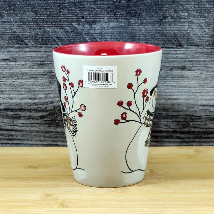 Christmas Snowman Holiday Coffee Mug Red Berry Ceramic Embossed Tea Cup Blue Sky