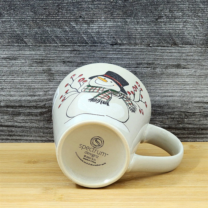 Christmas Snowman Holiday Coffee Mug Red Berry Ceramic Embossed Tea Cup Blue Sky