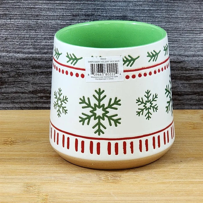 Christmas Winter Snow Flakes Coffee Mug Ceramic Holiday Cup Green Blue Sky 18oz